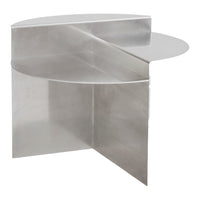 Sleek silver metal side table with smooth, curved surfaces and minimalist design. Perfect for modern interiors.