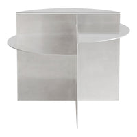 Sleek silver circular side table with a minimalist design and geometric shapes. Ideal for modern decor.