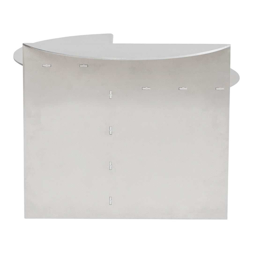 Silver metallic curved design with smooth finish, featuring subtle cut-out patterns. Ideal for modern decor.