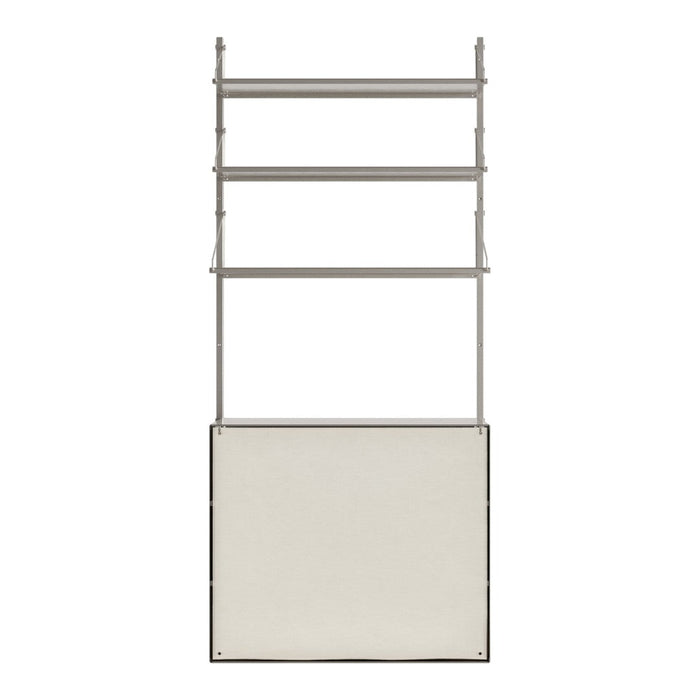 "Modern metal shelving unit with a sleek silver finish and a neutral cream base, featuring clean lines and minimal design."