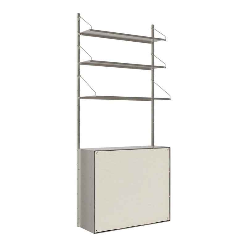 Modern shelving unit with a sleek silver frame and soft beige storage compartment, featuring minimalist design elements.