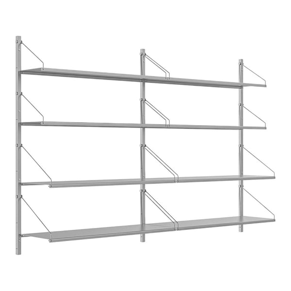 Gray metal shelving unit with sleek, minimalistic design and horizontal shelves. Perfect for modern spaces.