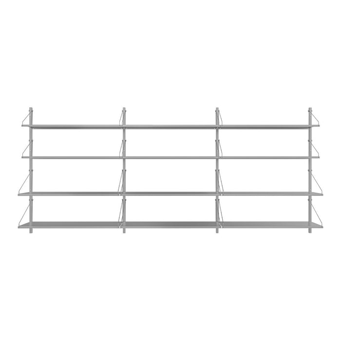 Modern white shelving unit with sleek lines and a minimalistic design, featuring multiple open shelves for storage.