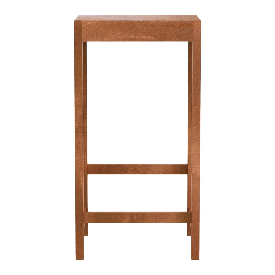 "Solid wood bar height table in warm brown finish with a sleek, minimalist design."