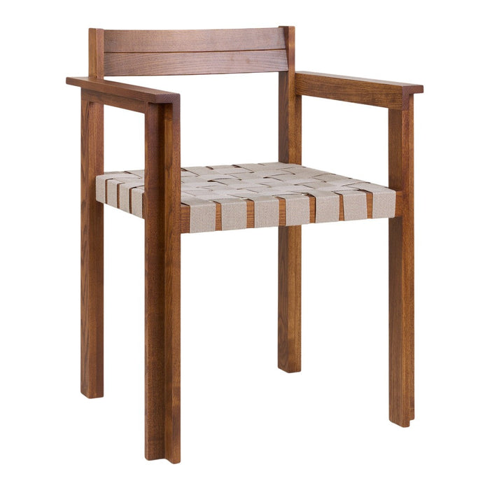 Natural wood armchair with a light beige woven seat, featuring horizontal stripes for a modern touch.