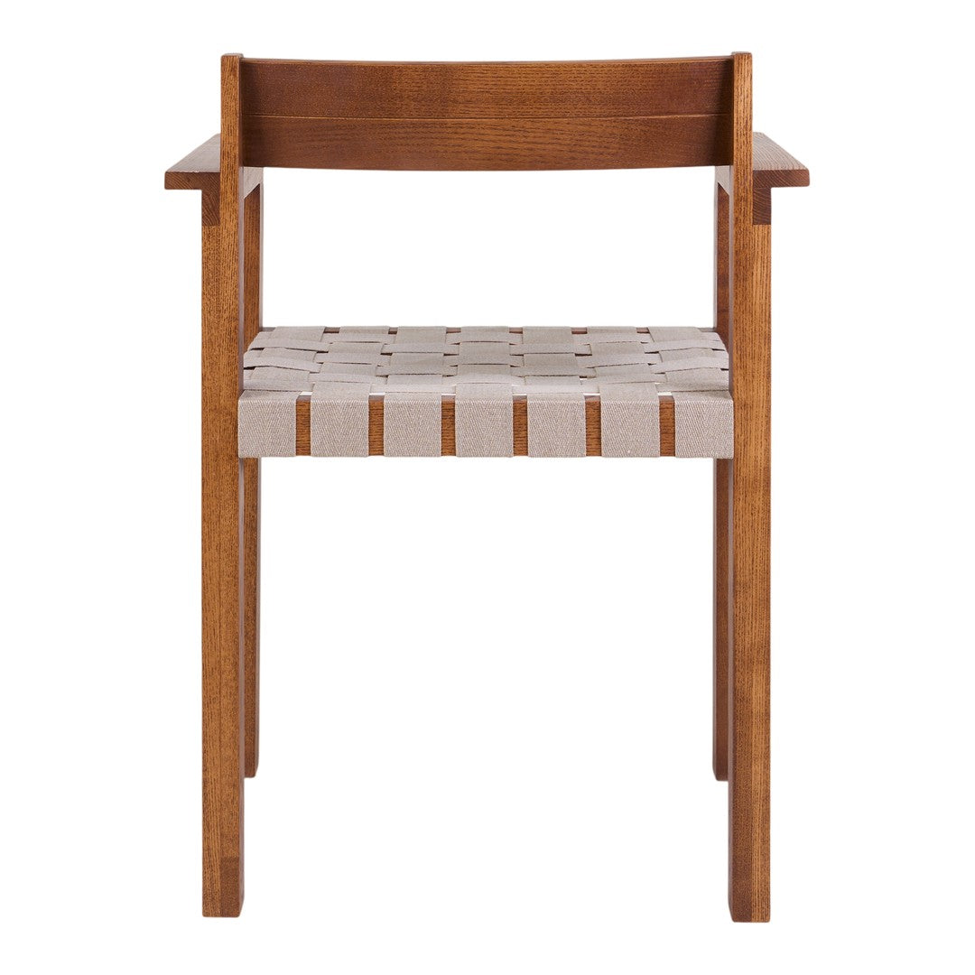 Brown wooden chair with a woven beige seat featuring horizontal and vertical stripes. Simple, modern design.