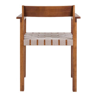 Brown wooden chair with a woven beige seat featuring horizontal and vertical stripes. Simple, modern design.