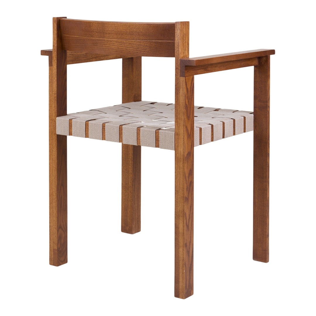 Wooden chair with a rich brown finish and a cream woven seat featuring stripe pattern. Ideal for modern decor.