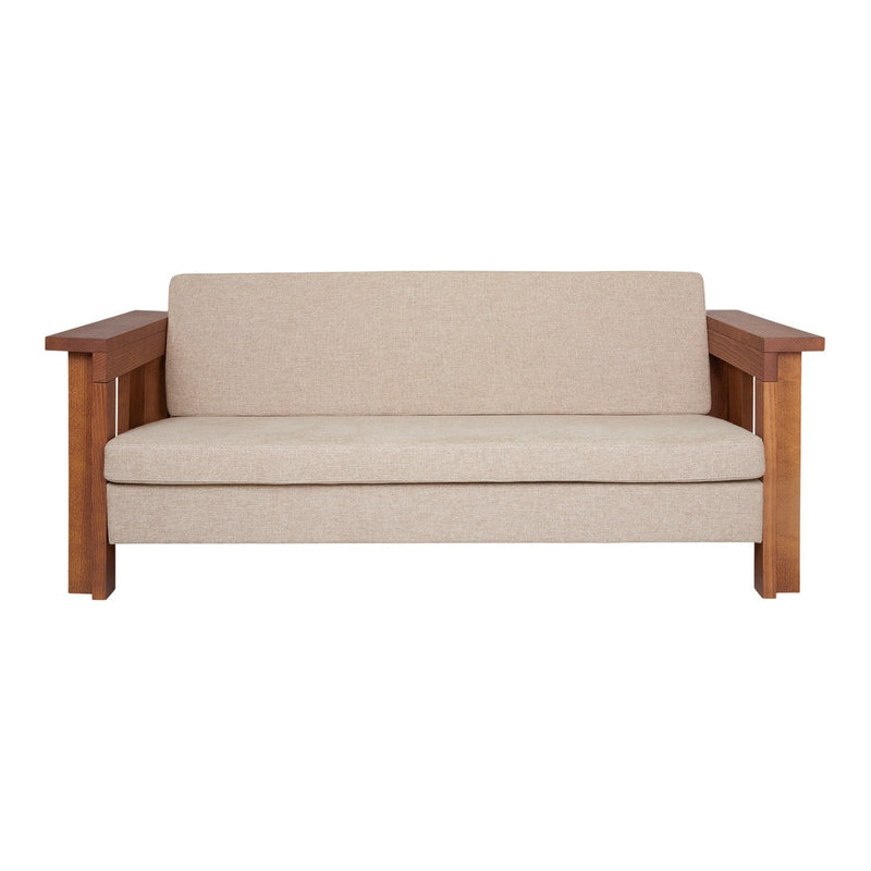 Beige upholstery with a smooth texture, paired with warm wood-colored arms, creating a modern and minimalist look.