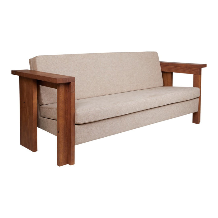 Beige fabric couch with light brown wooden arms, featuring a simple, modern design and clean lines.