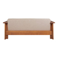 Beige upholstered backrest on a warm wood frame, showcasing a minimalist design and neutral color palette.