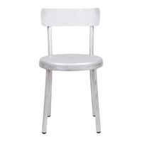 Sleek silver chair with a minimalist design, featuring a smooth metallic finish and simple lines. Perfect for modern decor.