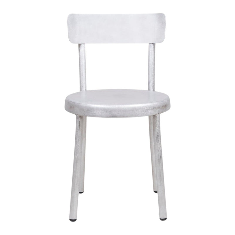 Sleek silver chair with a minimalist design, featuring a smooth metallic finish and simple lines. Perfect for modern decor.