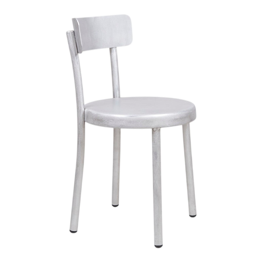 Silver metal chair with a smooth, minimalist design and a solid round seat. Ideal for modern decor.