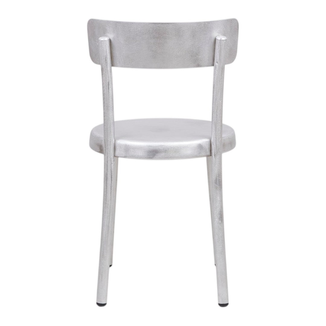 Silver metal chair with a sleek, minimalist design and smooth finish. Perfect for modern decor.