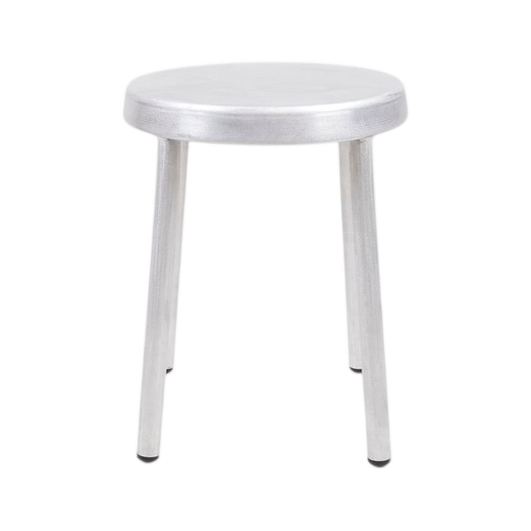 Silver, round metal stool with a sleek, minimalist design and three sturdy legs. Perfect for modern decor.