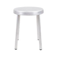 Silver, round metal stool with a sleek, minimalist design and three sturdy legs. Perfect for modern decor.