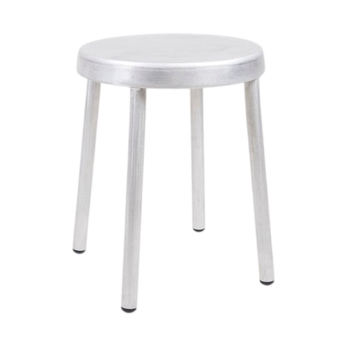 Silver metal stool with a sleek, minimalist design and smooth, round top. Ideal for modern spaces.