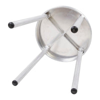 "Metal stool base with silver finish and black rubber feet, featuring a simple, sleek design."