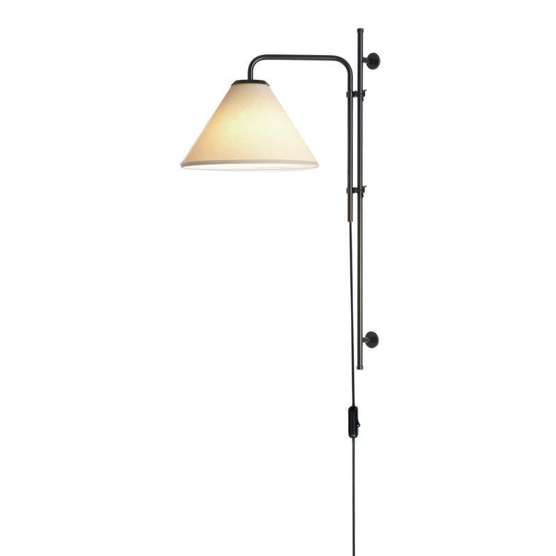 Modern black floor lamp with a cone-shaped white shade, featuring clean lines and a minimalist design.