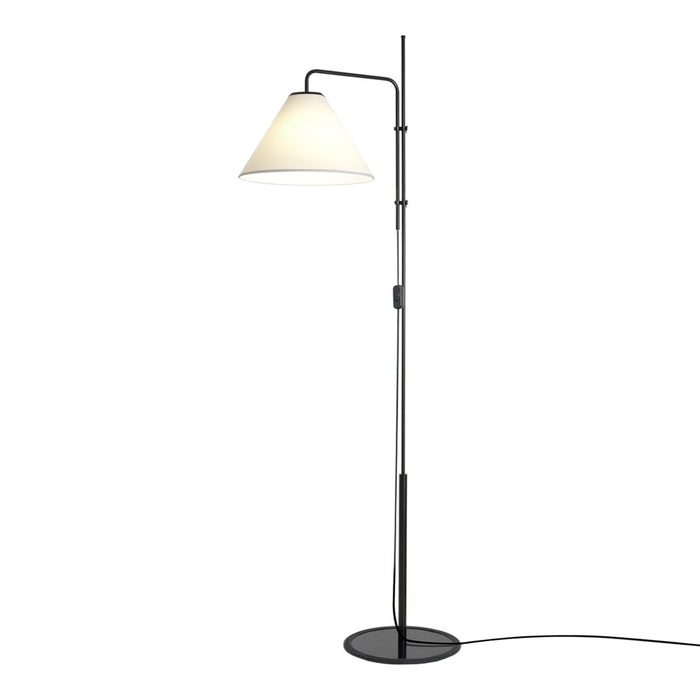 Modern floor lamp with a sleek black base and a chic white conical shade. Stylish and minimalistic design.