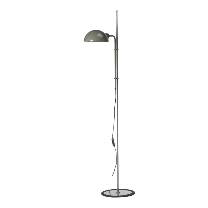 Sleek floor lamp with a gray dome shade, silver pole, and circular black base; modern industrial design.