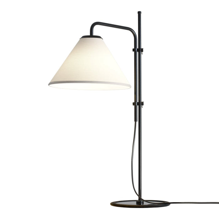 Minimalist black lamp with a conical white shade, sleek design, perfect for modern decor.