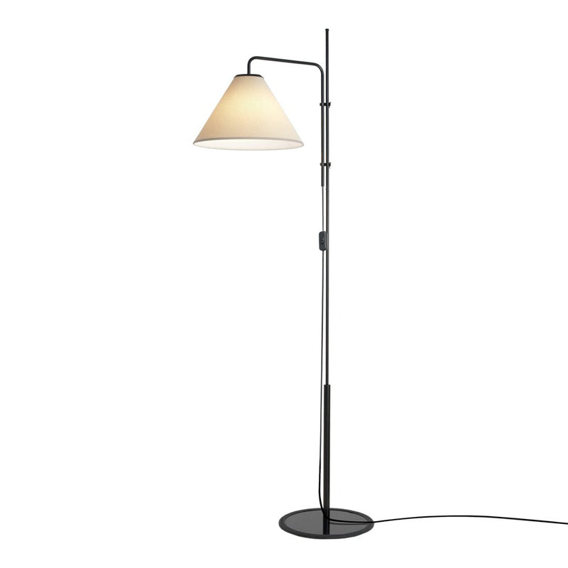 Modern black floor lamp with beige cone shade and sleek chrome accents. Minimalist design, perfect for any room.