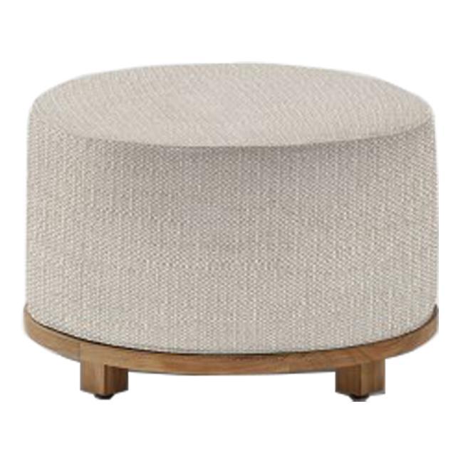 Light beige round ottoman with textured fabric and a wooden base, perfect for modern home decor.