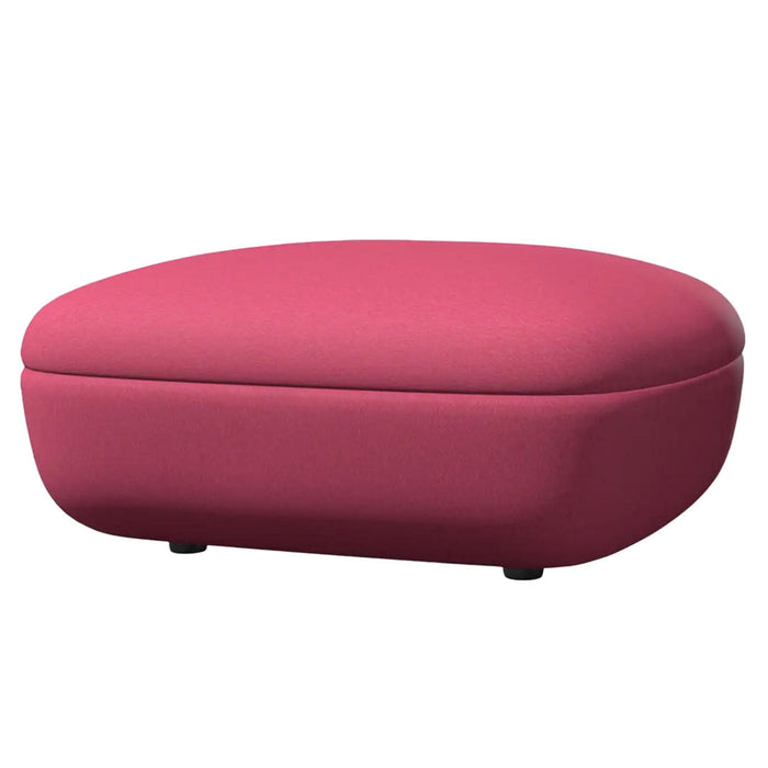 Pink fabric ottoman with a smooth, rounded shape, adding a pop of color and modern flair to any space.