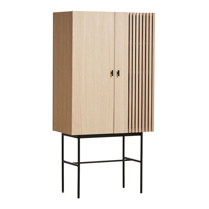 Light oak wood cabinet with vertical slat pattern, featuring a sleek black metal stand. Modern and elegant design.