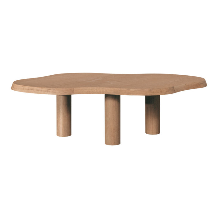 Natural wood coffee table with a unique organic shape and light brown finish, featuring smooth, rounded edges.