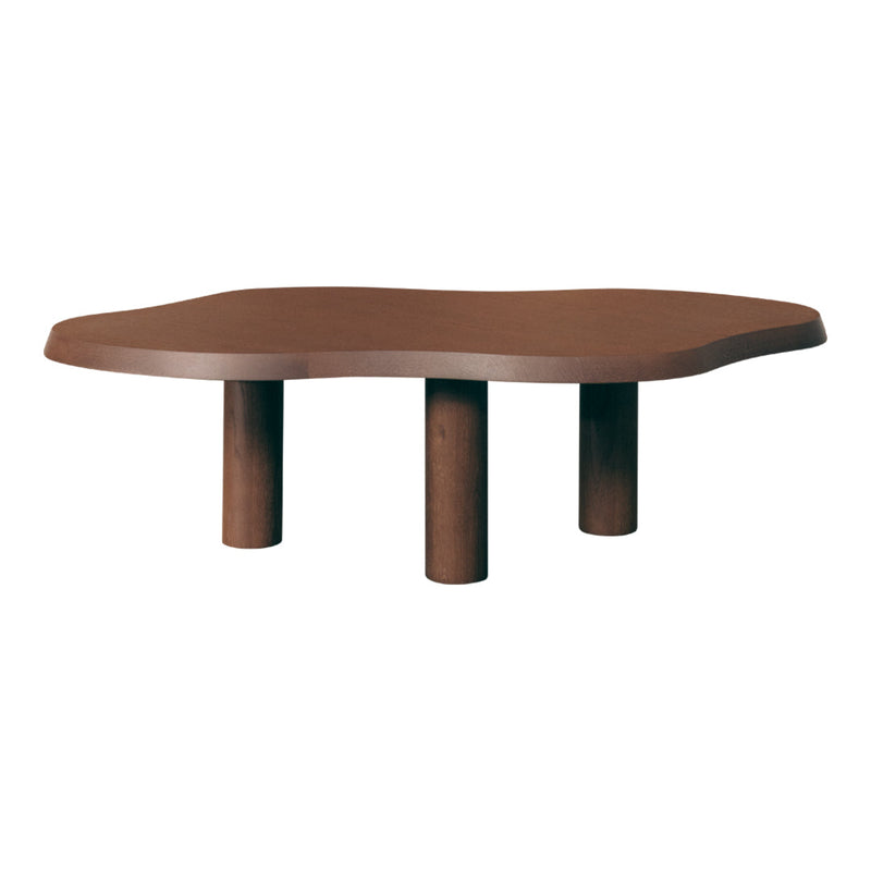 Brown organic-shaped coffee table with rounded edges and three sturdy cylindrical legs. Modern minimalist design.