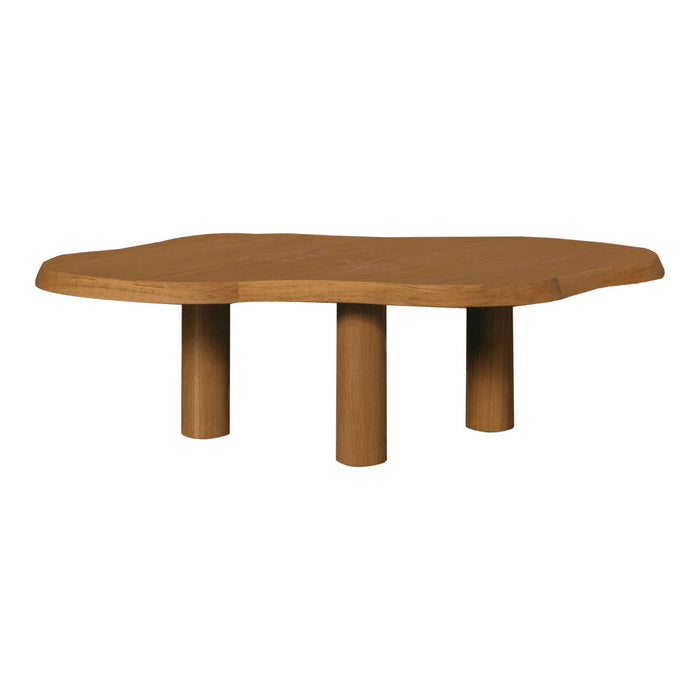 Organic-shaped wooden coffee table in a warm, natural brown finish with smooth, rounded edges.