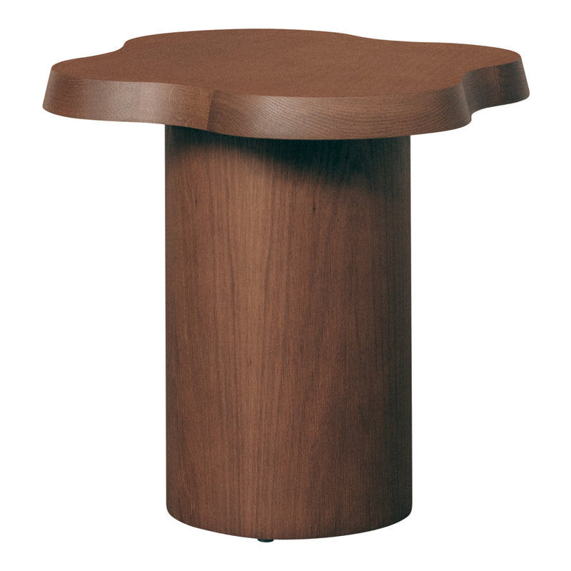 Brown wood side table with a unique organic shape and smooth texture, featuring natural grain patterns.