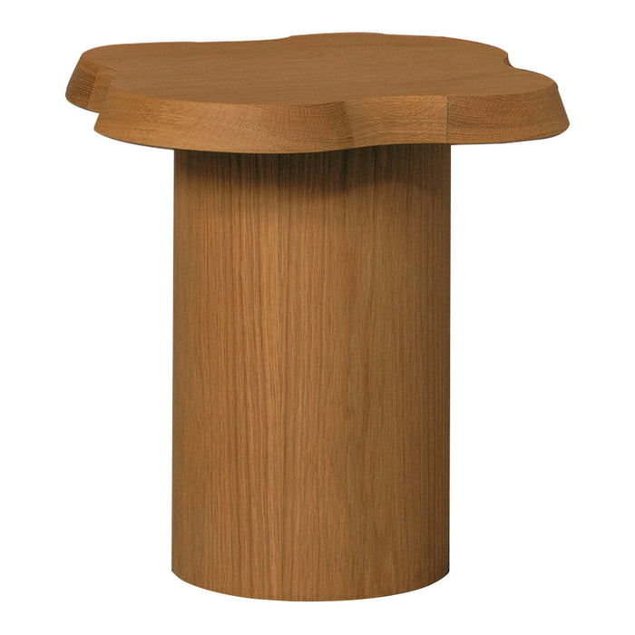Natural wood side table with a unique organic shape and light brown finish, showcasing a smooth, minimalist design.