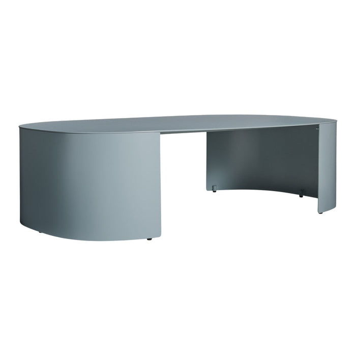 Light grey oval desk with a smooth, modern surface and minimalist design. Perfect for stylish office decor.