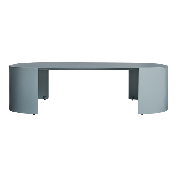 Sleek oval coffee table in soft light blue with smooth, modern finish and minimalist design. Perfect for contemporary decor.