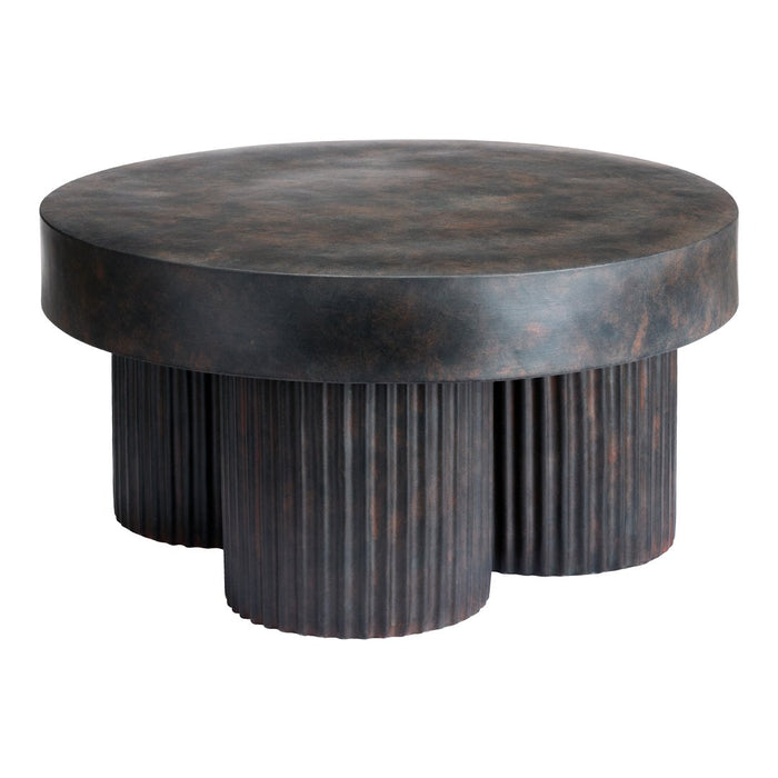 Round coffee table in dark bronze with ribbed textured base and smooth top surface. Stylish and contemporary design.