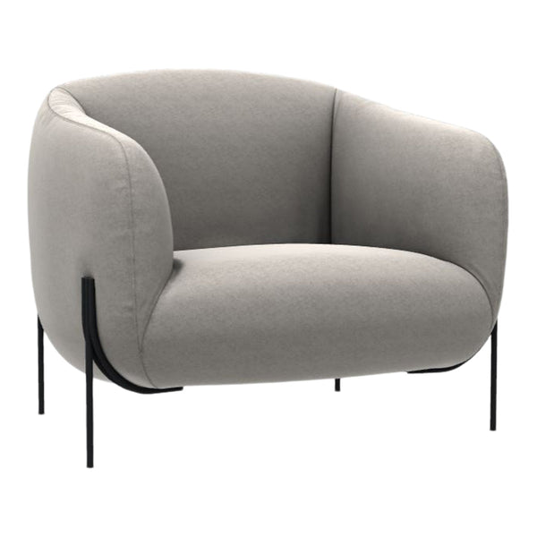 Stylish gray upholstered chair with smooth, rounded contours and sleek black legs, perfect for modern decor.