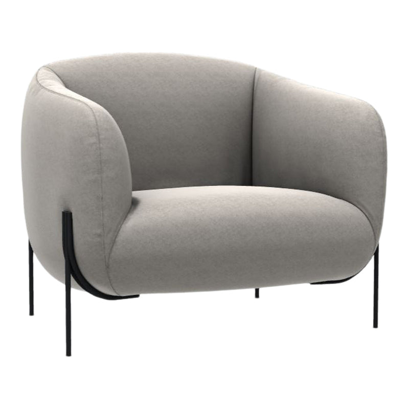 Stylish gray upholstered chair with smooth, rounded contours and sleek black legs, perfect for modern decor.