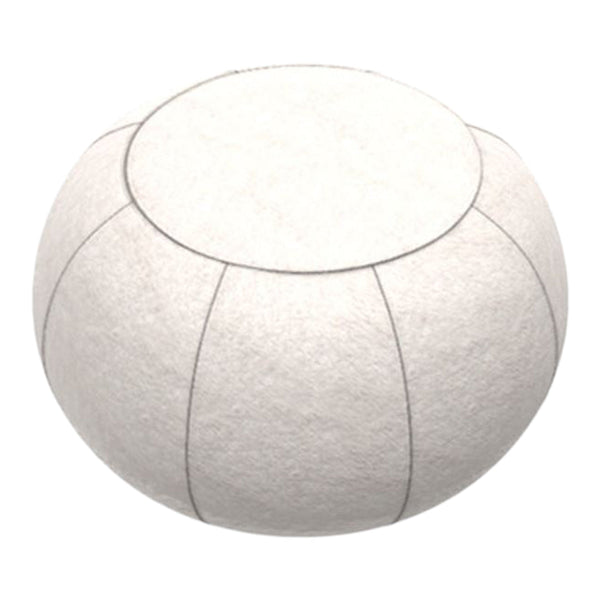 White felt pouf with simple stitching details and a round, smooth surface for a modern aesthetic.