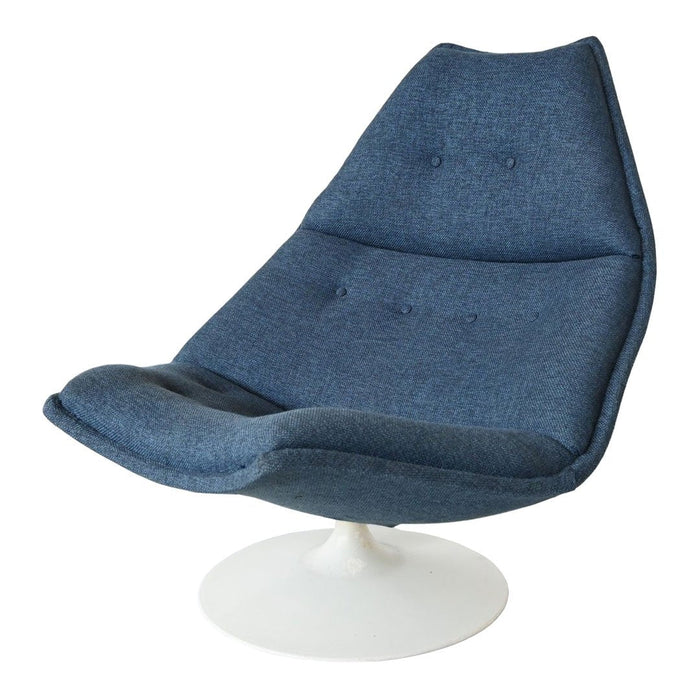 Blue upholstered chair with a modern shape and subtle button tufting, featuring a sleek white base.