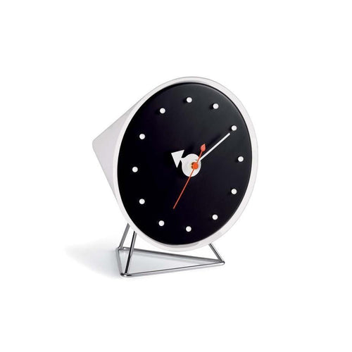 Modern black wall clock with white accents and red hands, featuring a sleek round shape and minimalist design.