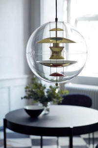 Transparent glass pendant light with yellow and red accents, featuring a modern, layered design for a stylish look.