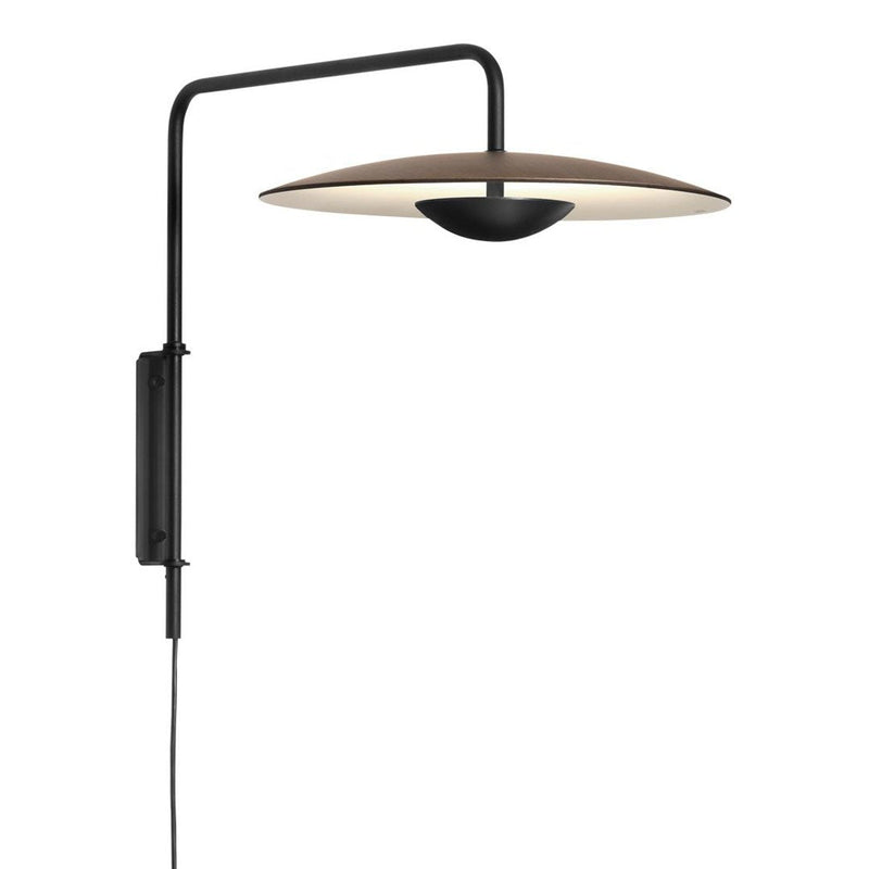 Sleek black wall lamp with a round, beige shade and smooth, minimalist design. Perfect for modern decor.
