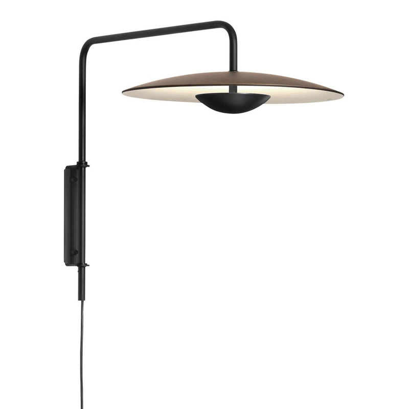 Sleek black wall lamp with a brown dome shade and a circular design, perfect for modern decor.