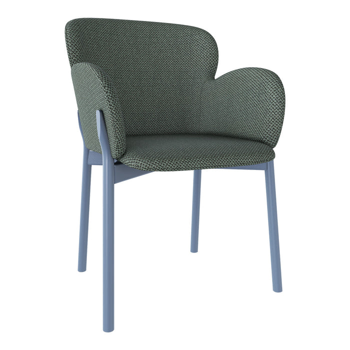 Green textured upholstery with a light blue frame, offering a stylish and modern chair design.