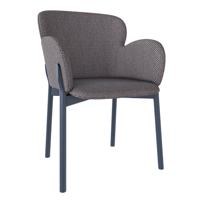 Modern armchair in a textured gray fabric with a minimalist blue frame. Stylish and versatile for any decor.