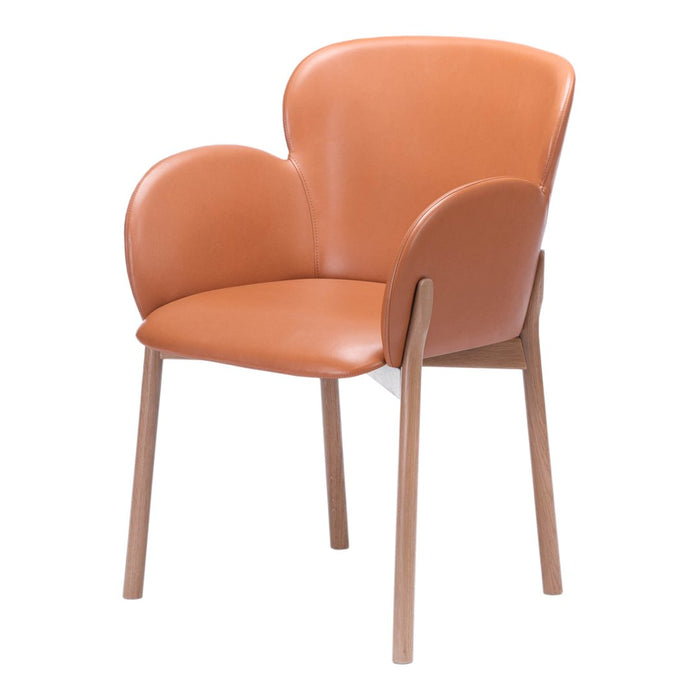 Modern armchair featuring soft tan leather upholstery and light wooden legs, with a sleek, minimalist design.